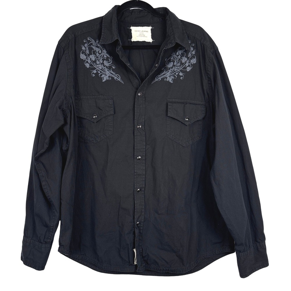 DKNY Jeans XL Western Shirt Black Embellished Snap Front Long Sleeve Menswear